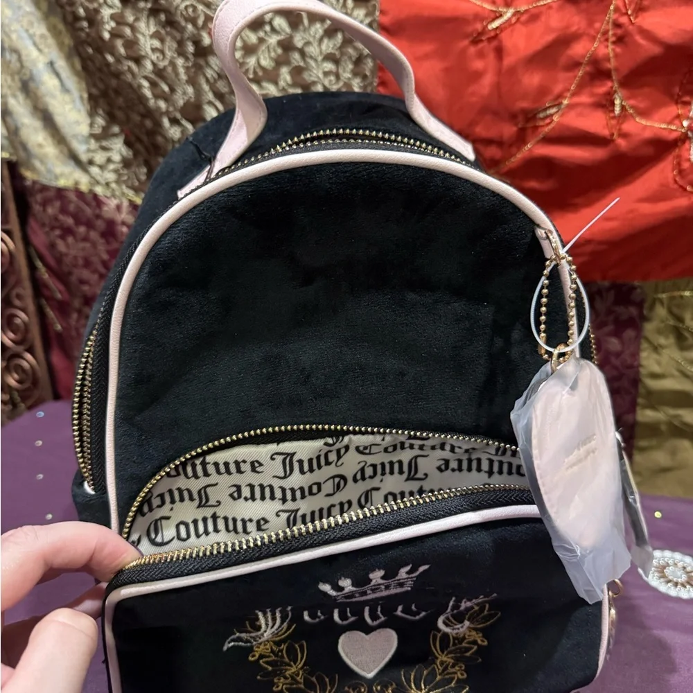 Juicy Couture Black and Light Pink Velvet Mini Backpack with Heart Charm - Picture 7 of 11